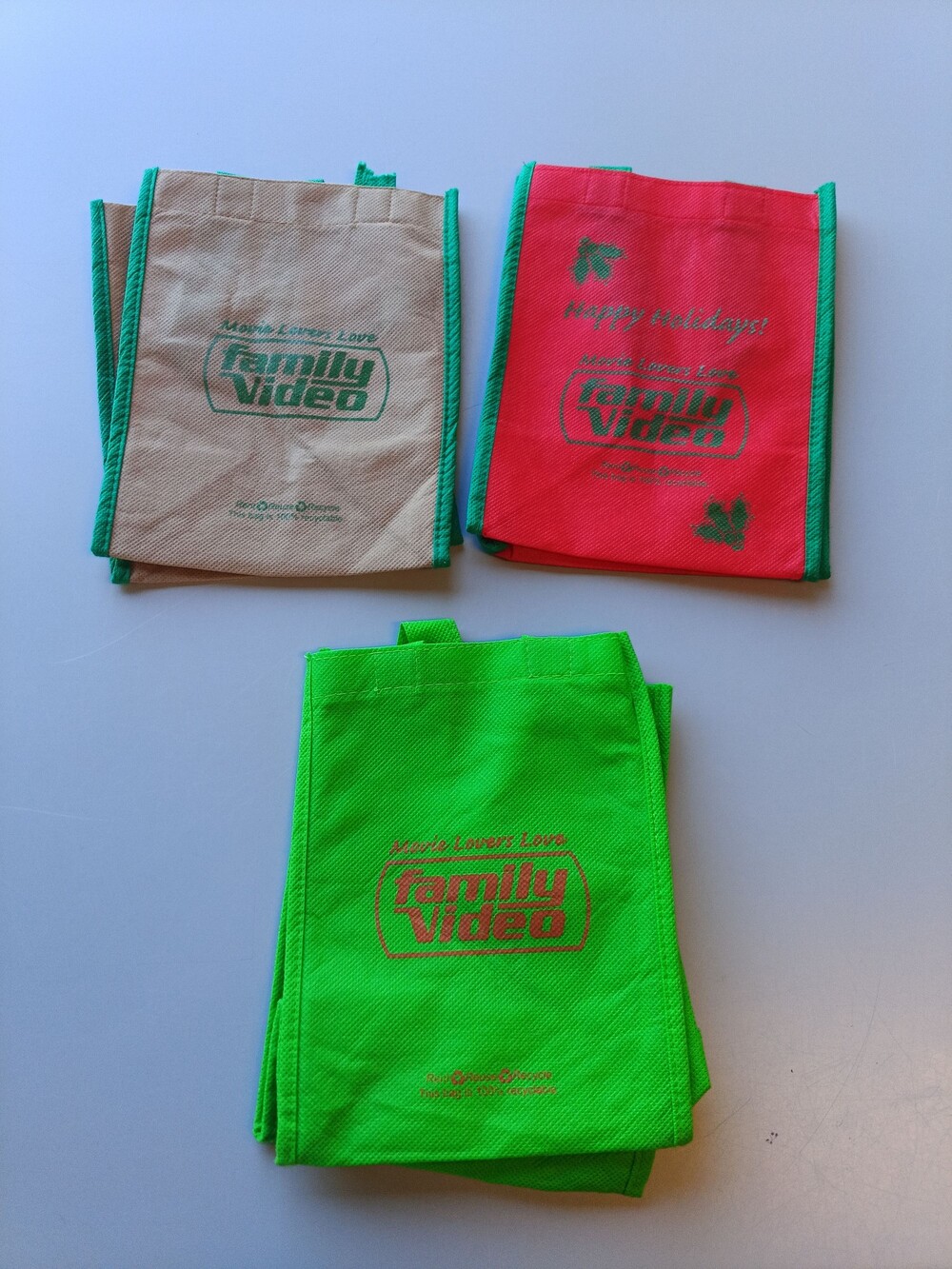 Family Video Reusable Shopping Bags Set of 3 Red Green Beige Recycled Fabric
